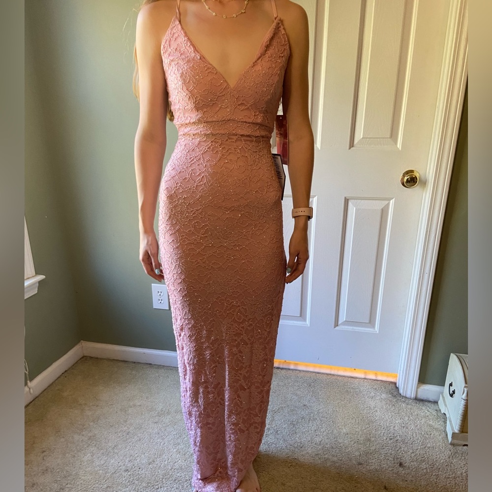 Emerald Sundae pink lace formal gown